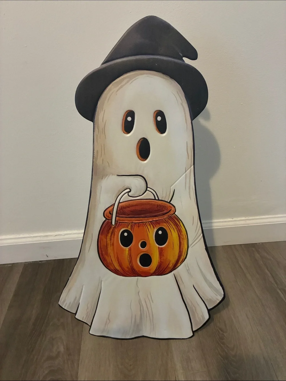 NWT- 23” White Ghost Witch w/ Orange Pumpkin Pail- Metal Easel Stand Porch Sign